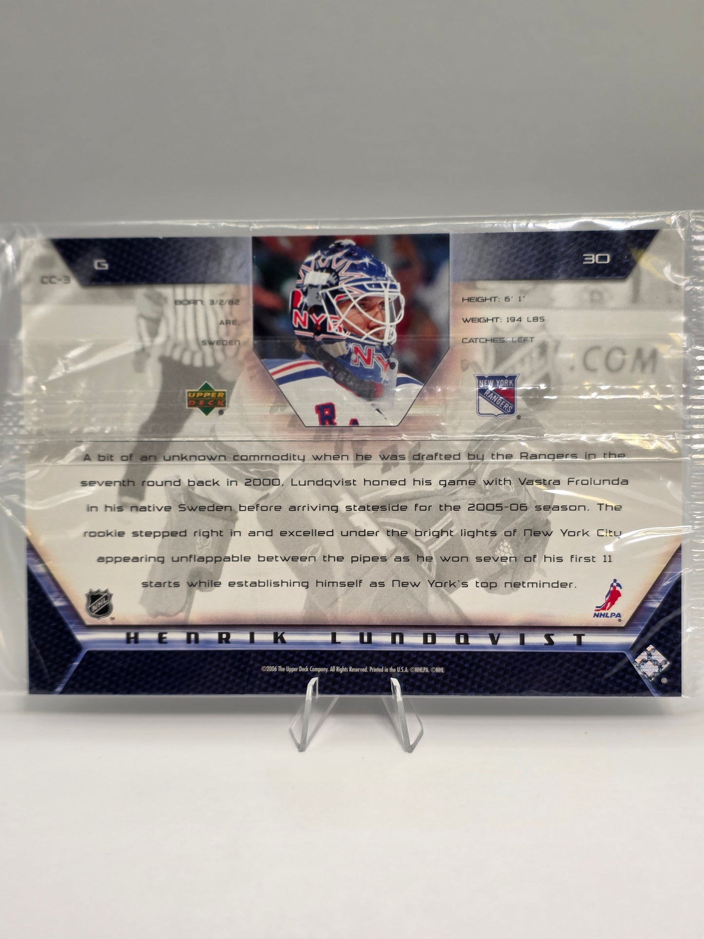 2005β06 Upper Deck Rookie Class Commemorative β Oversized (Still in Wrapper) β Henrik Lundqvist (CC-3)