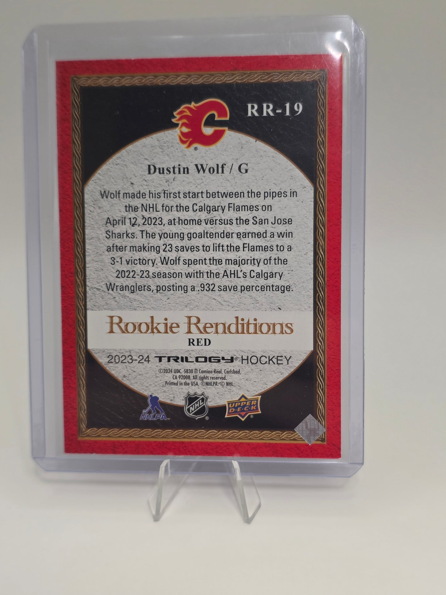 Dustin Wolf — 2024 Upper Deck Trilogy — Rookie Renditions RR-19 (Red) — 537/799