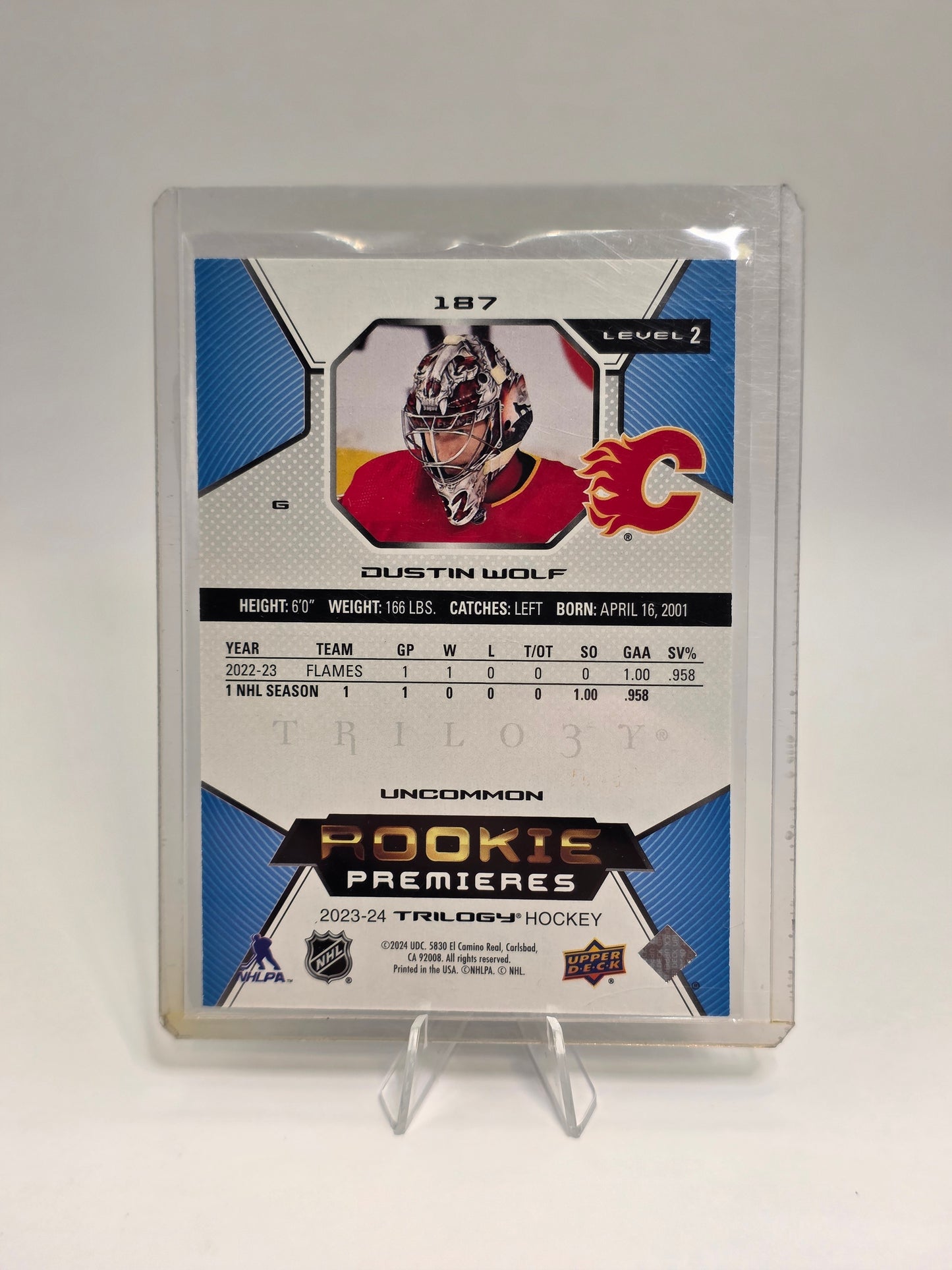 Dustin Wolf — 2024 Upper Deck Trilogy — Level 2 Uncommon Rookies #187 — 609/699