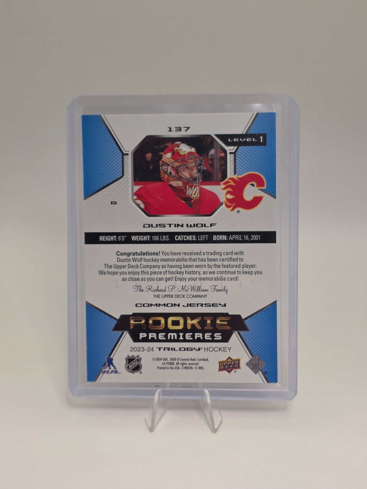 Dustin Wolf — 2024 Upper Deck Trilogy — Level 1 Jersey #137 — 194/499