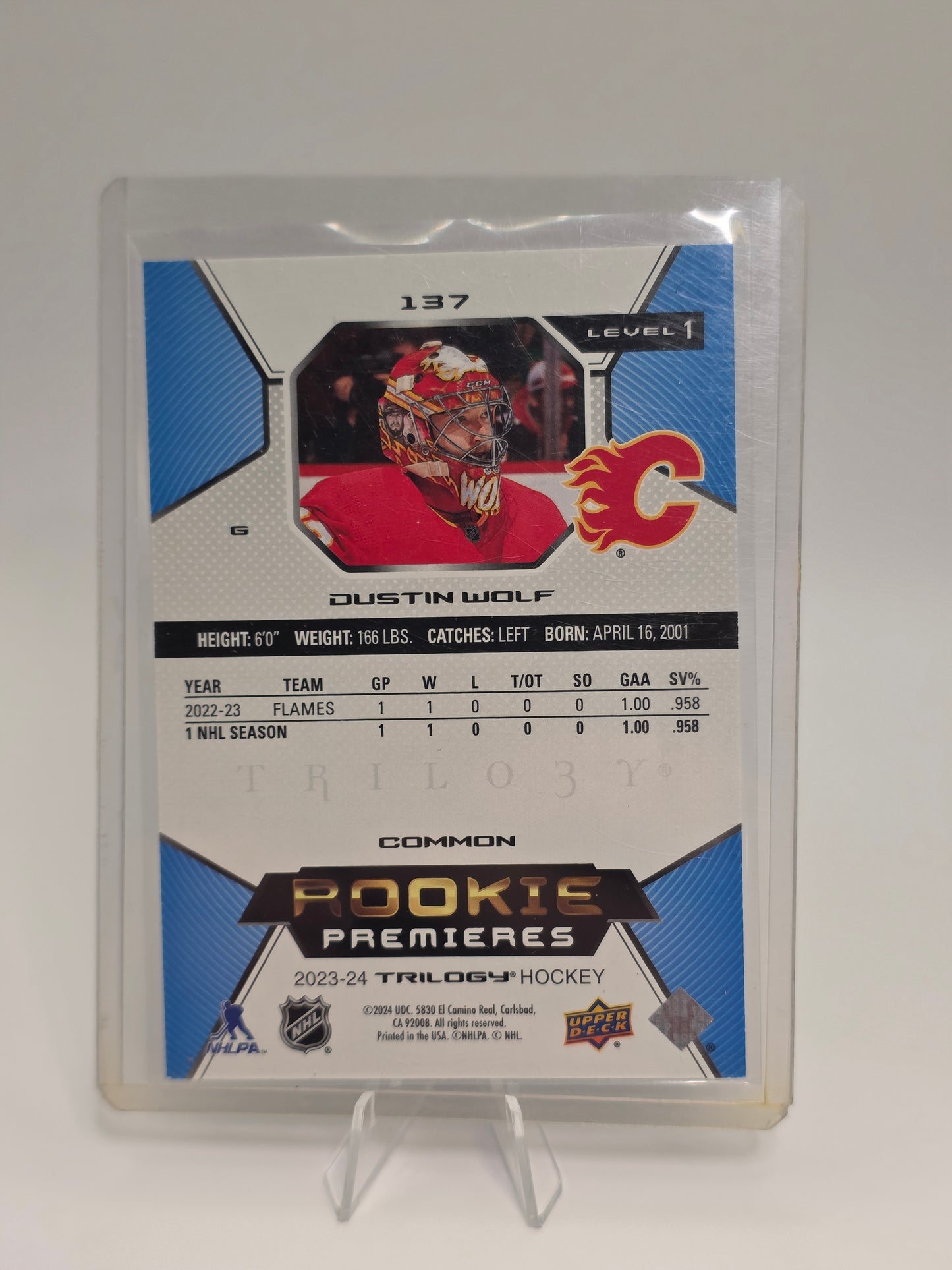 Dustin Wolf — 2024 Upper Deck Trilogy — Level 1 Rookie Premieres #137 — 251/999