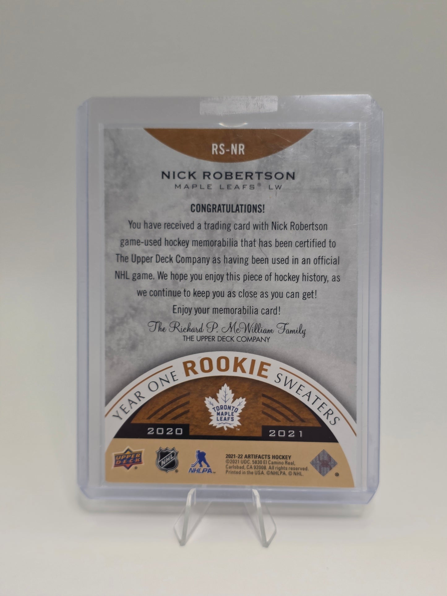 Nick Robertson — 2021 Upper Deck Artifacts — Year One Rookie Sweaters #RS-NR (Rookie Jersey)