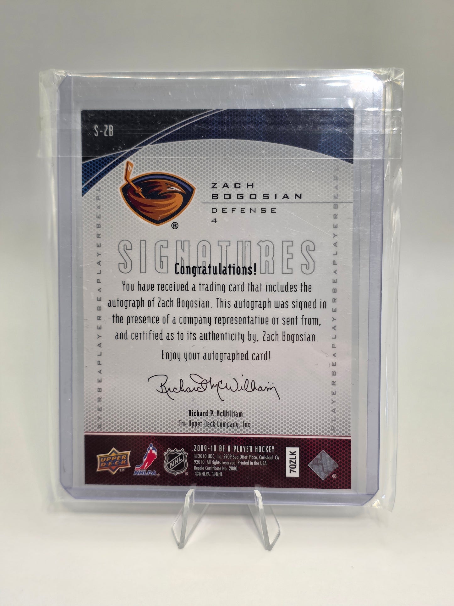 Signed Zach Bogosian — 2010 Upper Deck — S-ZB / 7QZLK