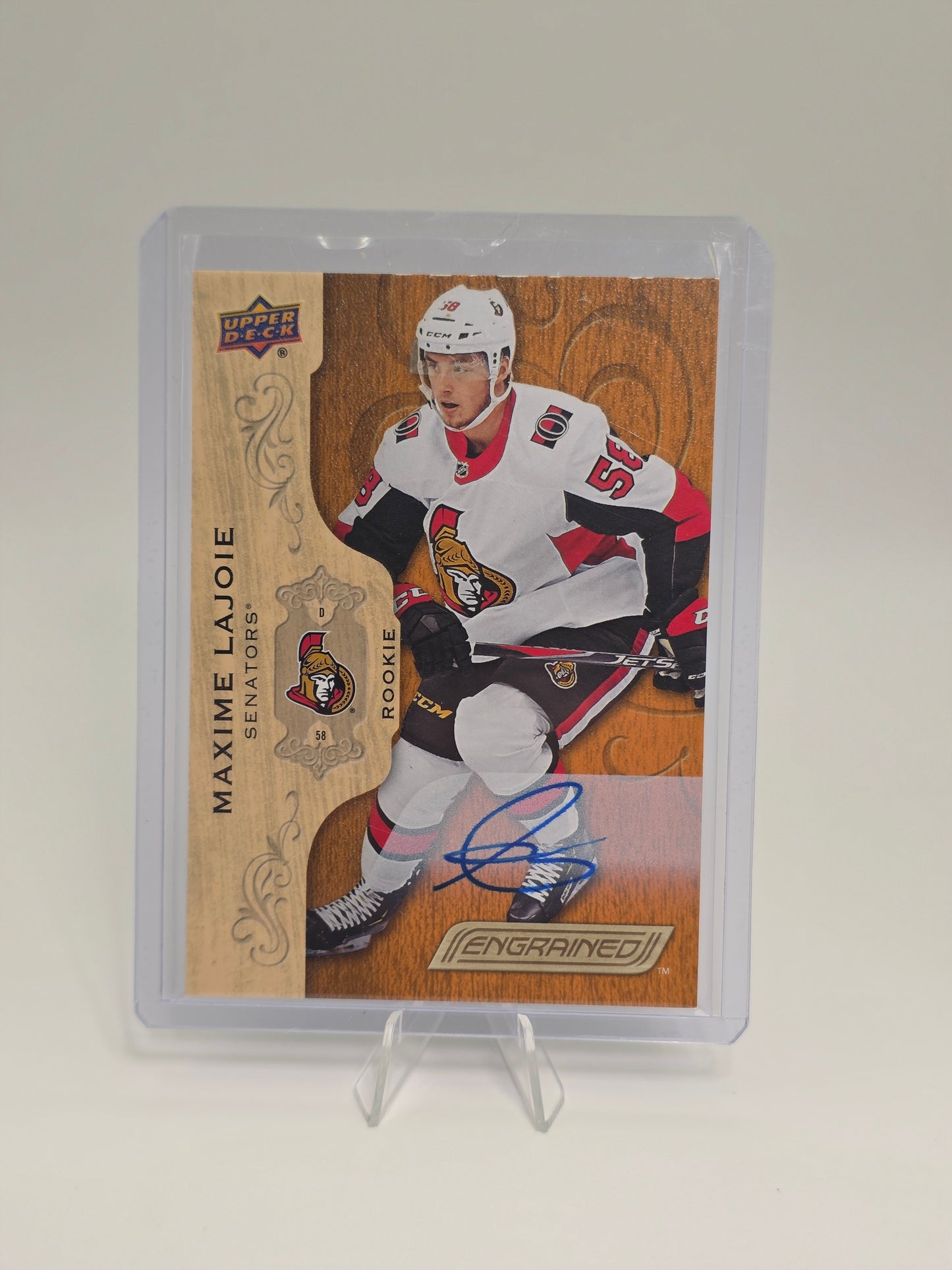 2018–19 Upper Deck — Engrained / Autograph Rookie — Maxime Lajoie (Card #94, MPXF6 / Autograph variants)