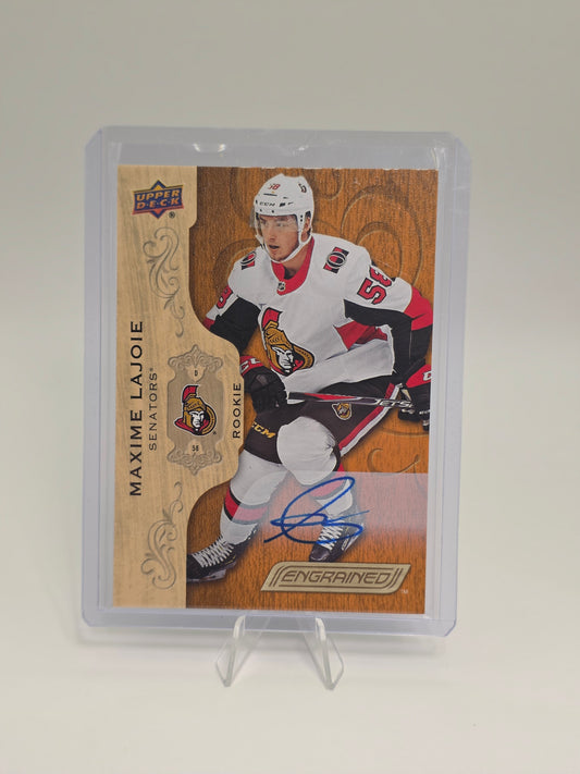 2018–19 Upper Deck — Engrained / Autograph Rookie — Maxime Lajoie (Card #94, MPXF6 / Autograph variants)