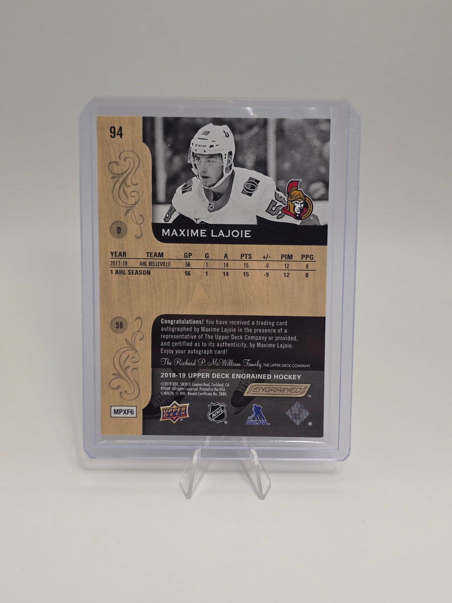 2018–19 Upper Deck — Engrained / Autograph Rookie — Maxime Lajoie (Card #94, MPXF6 / Autograph variants)