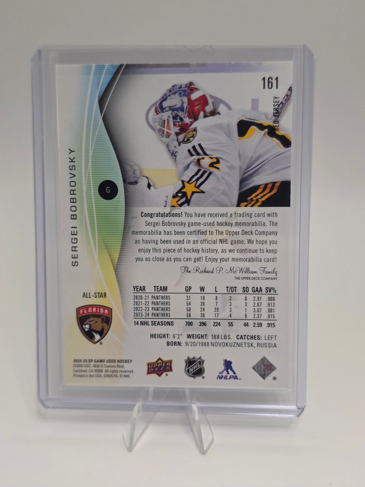 2024–25 Upper Deck — SP Game Used All-Stars #161 — Sergei Bobrovsky (Jersey Card)