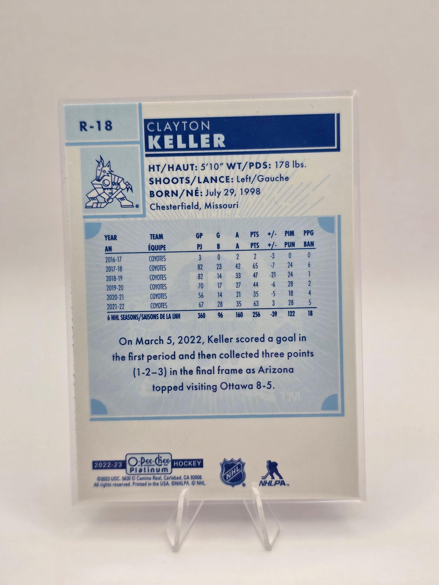 2022–23 O-Pee-Chee Platinum R-18 Clayton Keller (Red background)