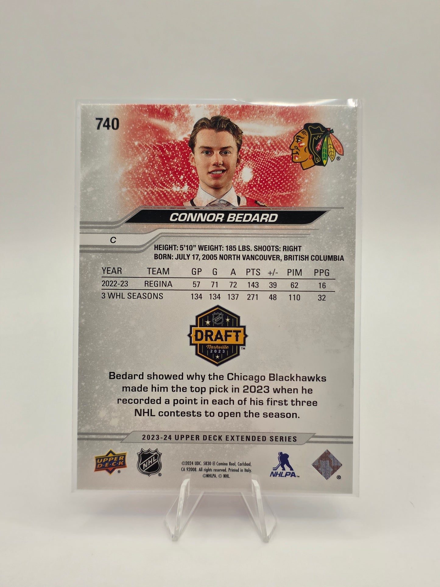 2023β24 Upper Deck Extended / Draft β Connor Bedard (Card #740)