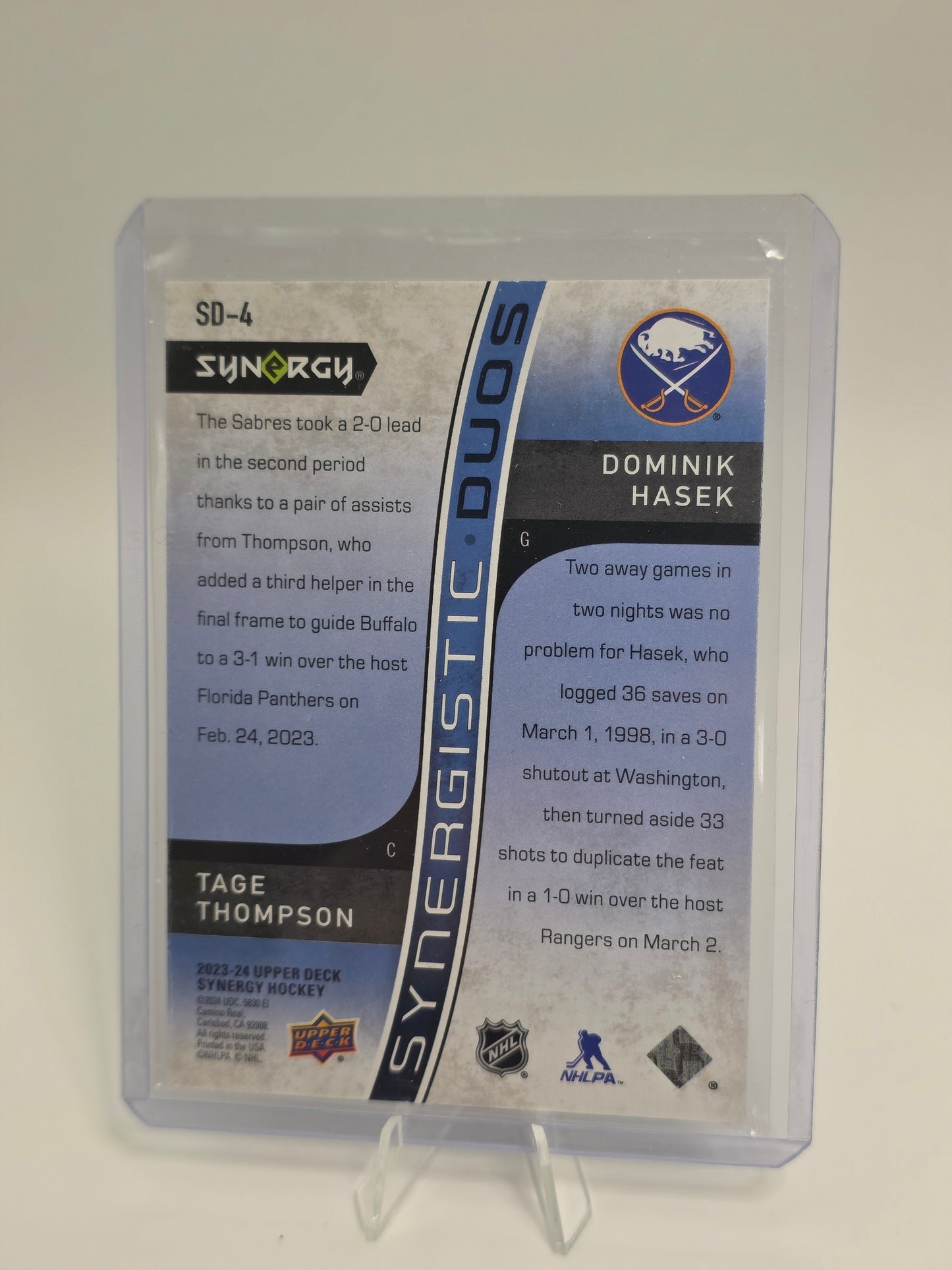 2023β24 Upper Deck Synergy β Synergistic Duos SD-4 (052/599) β Tage Thompson & Dominik Hasek