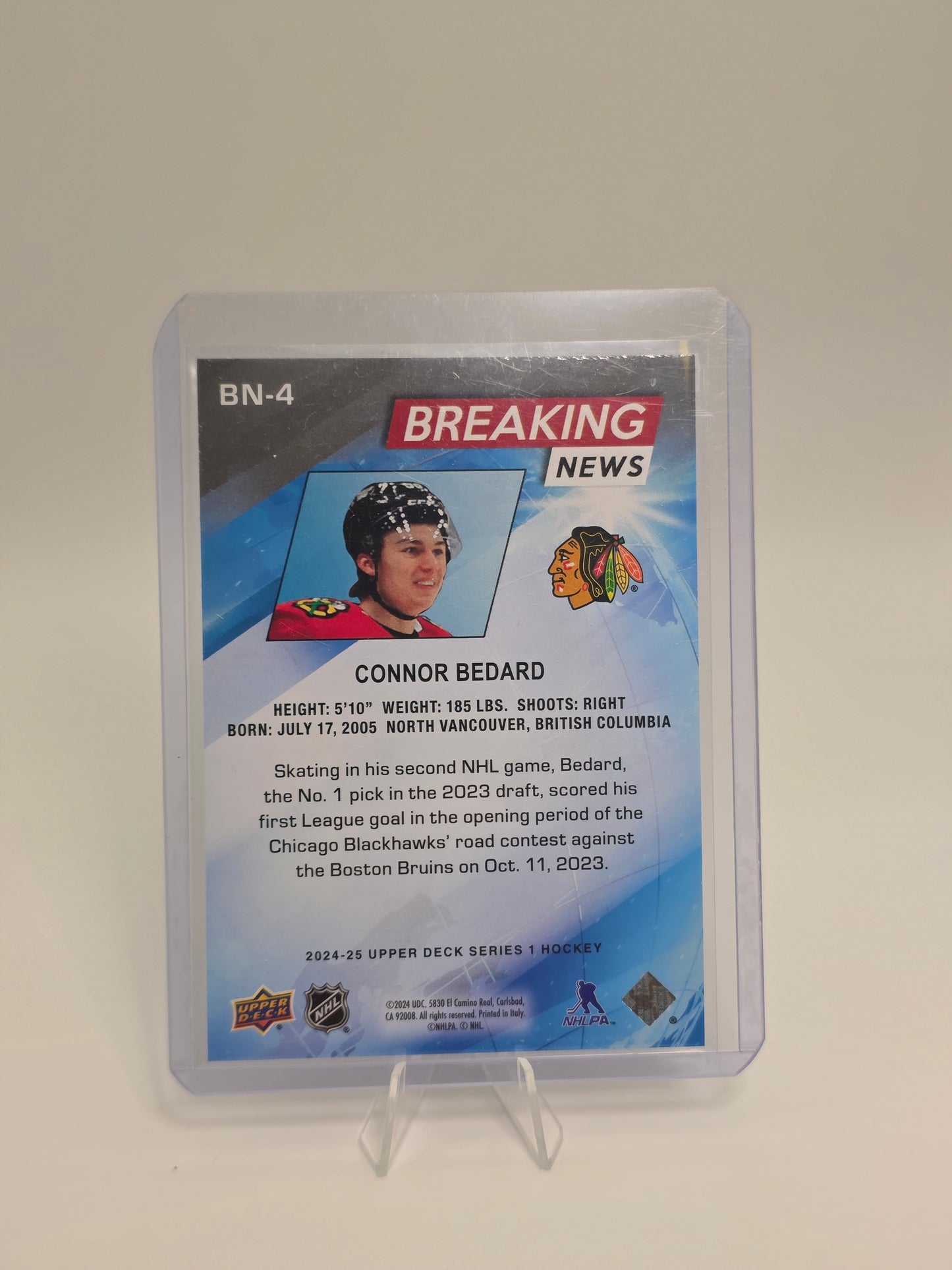 2024β25 Upper Deck β Breaking News (Blue & Silver) #BN-4 β Connor Bedard (1st NHL Goal Insert)