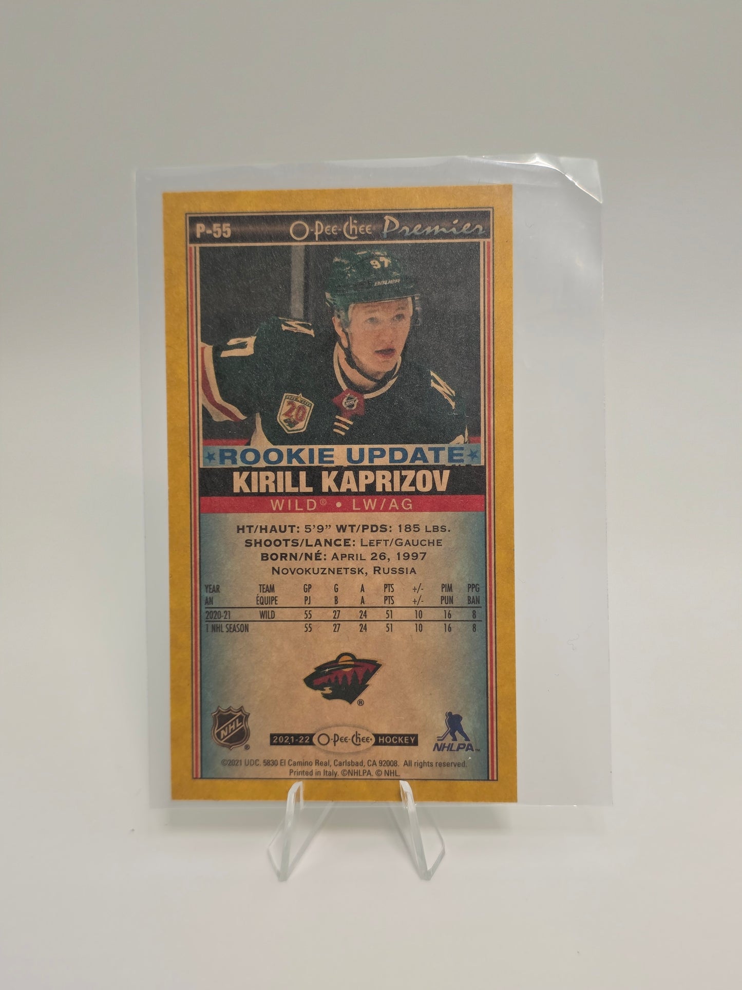 2021β22 O-Pee-Chee Premier Rookie update #P-55 β Kirill Kaprizov (Skinny / Tallboy)