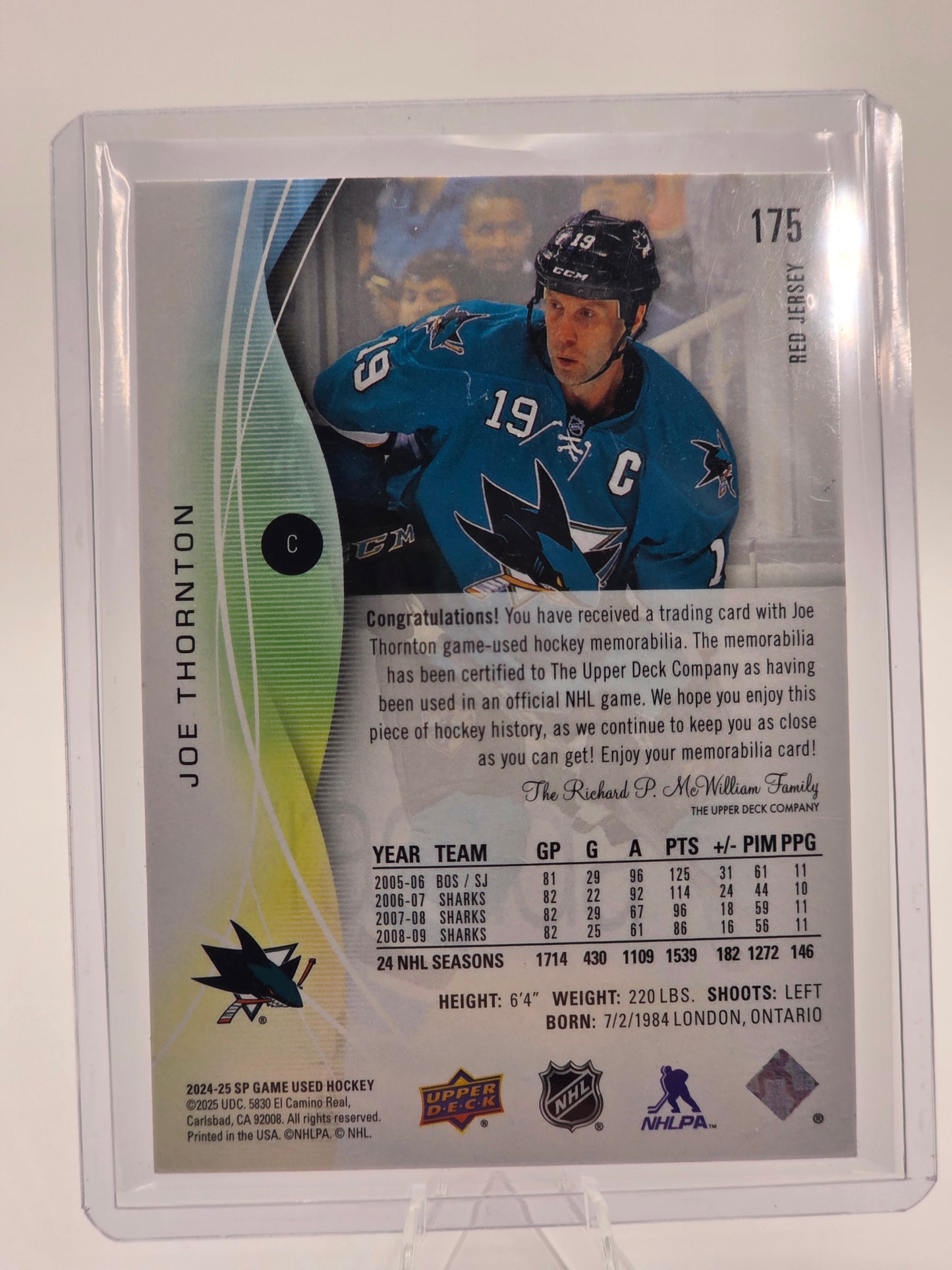 2024β25 SP Game Used β #175 β Joe Thornton (Game-Used Jersey Insert)