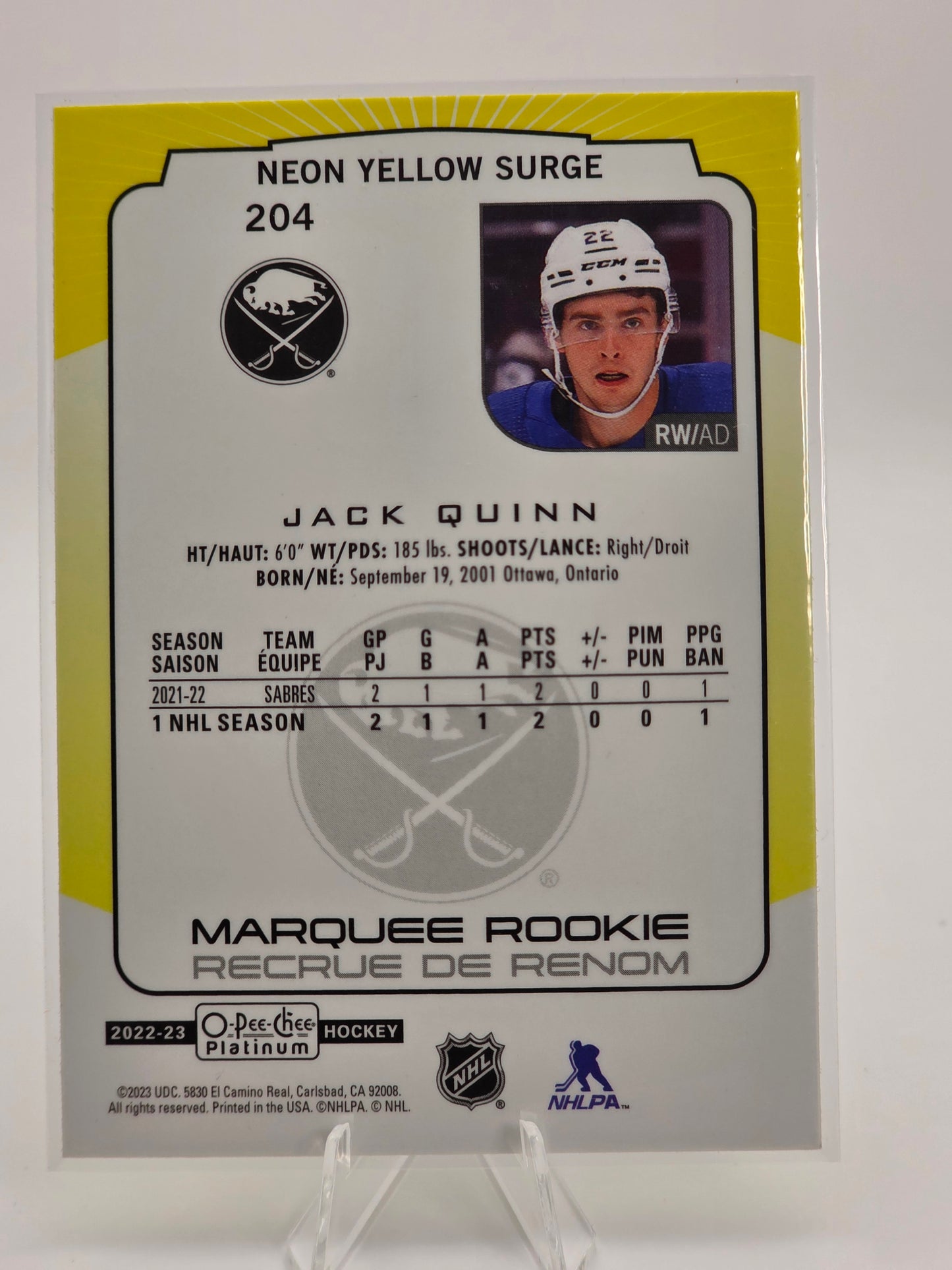 2022β23 O-Pee-Chee Platinum β Marquee Rookie (Neon Yellow Surge) #204 β Jack Quinn