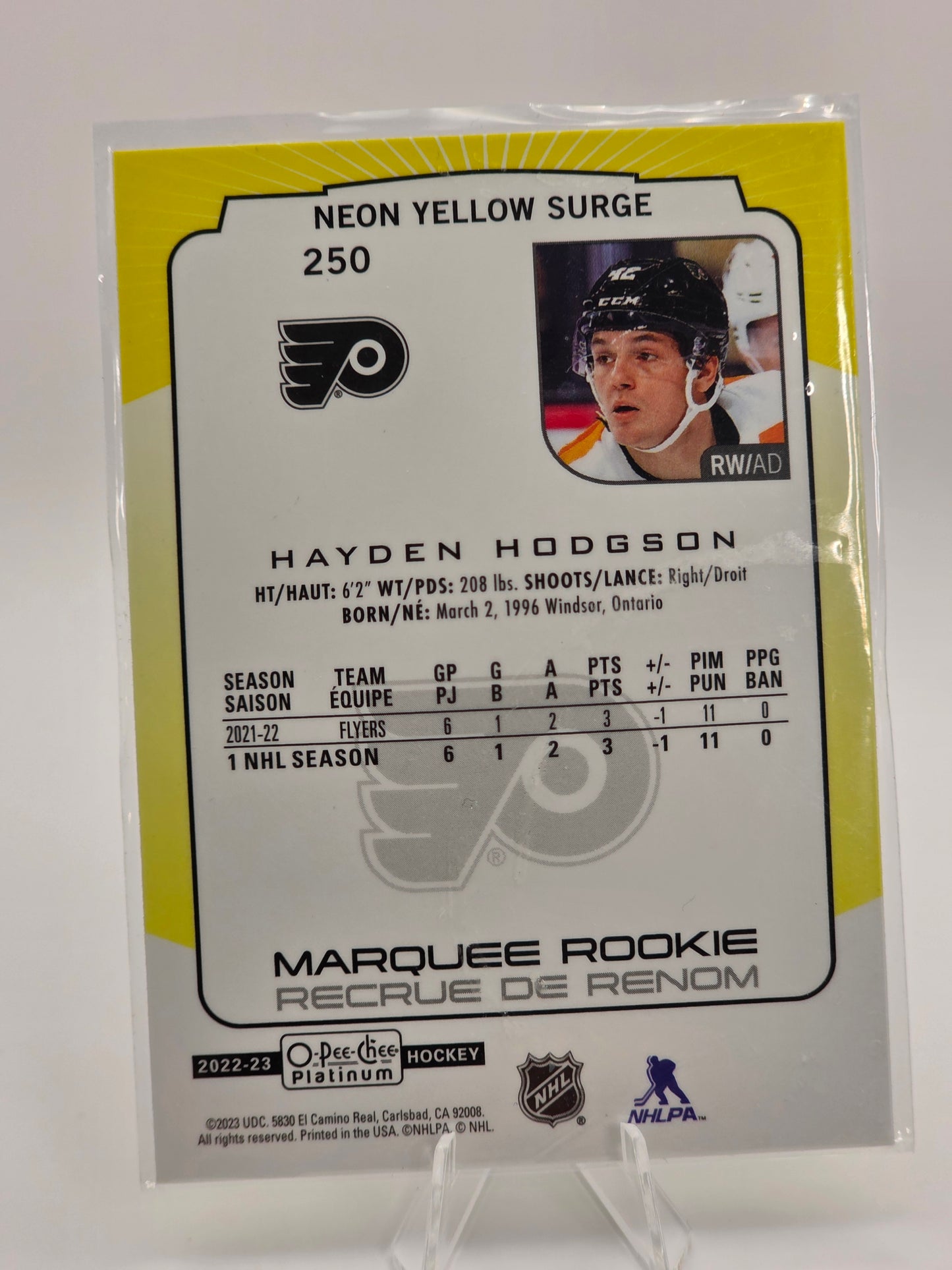 2022β23 O-Pee-Chee Platinum β Marquee Rookies Neon Yellow Surge #250 β Hayden Hodgson
