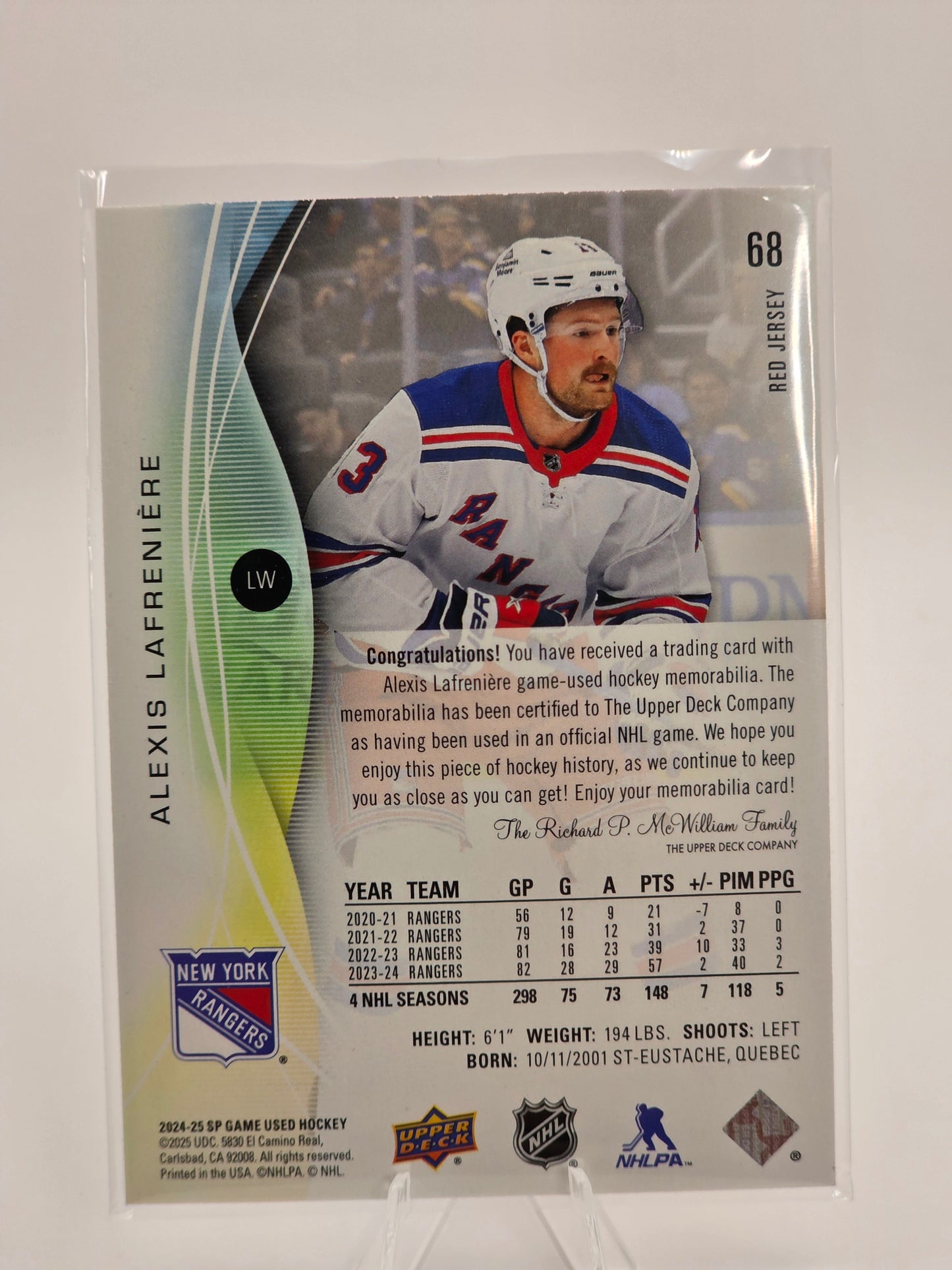 2024–25 Upper Deck SP Game Used — #68 — Alexis Lafrenière (Jersey Relic)