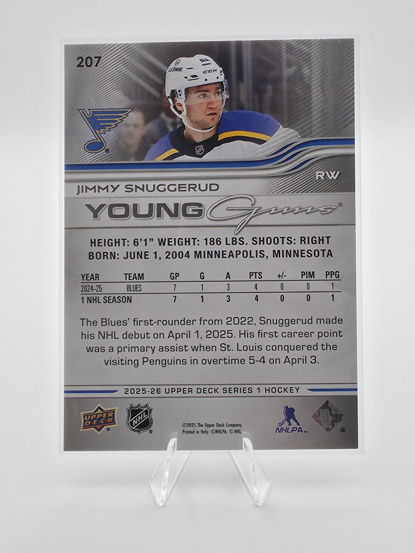 2025-26 Upper Deck Series 1 Jimmy Snuggerud Young Guns Rookie Card #207 – St. Louis Blues
