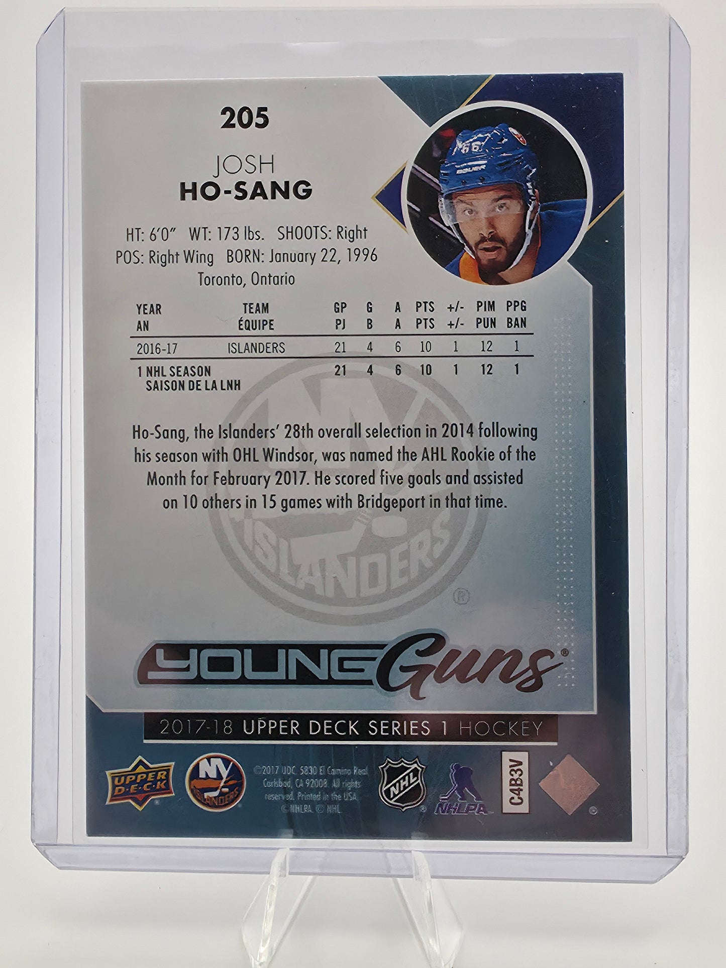 2017-18 Upper Deck Series 1 Josh Ho-Sang Young Guns RC #205
