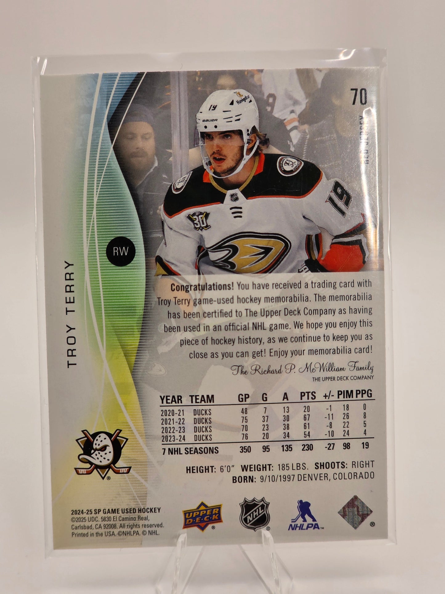 2024–25 Upper Deck SP Game Used — #70 — Troy Terry (Jersey Relic)