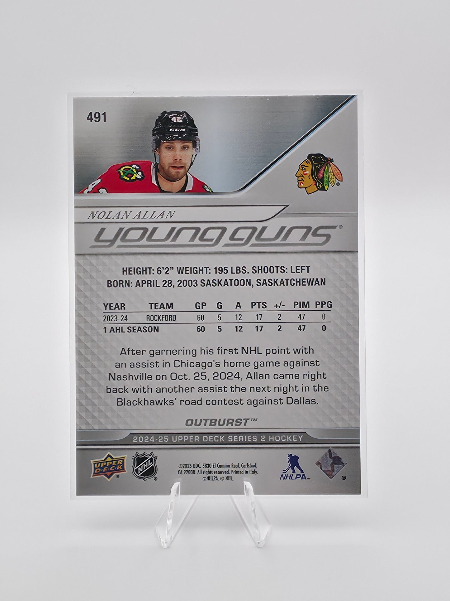 2024-25 Upper Deck Series 2 Nolan Allan Young Guns Outburst Silver Rookie Card #491 – Chicago Blackhawks