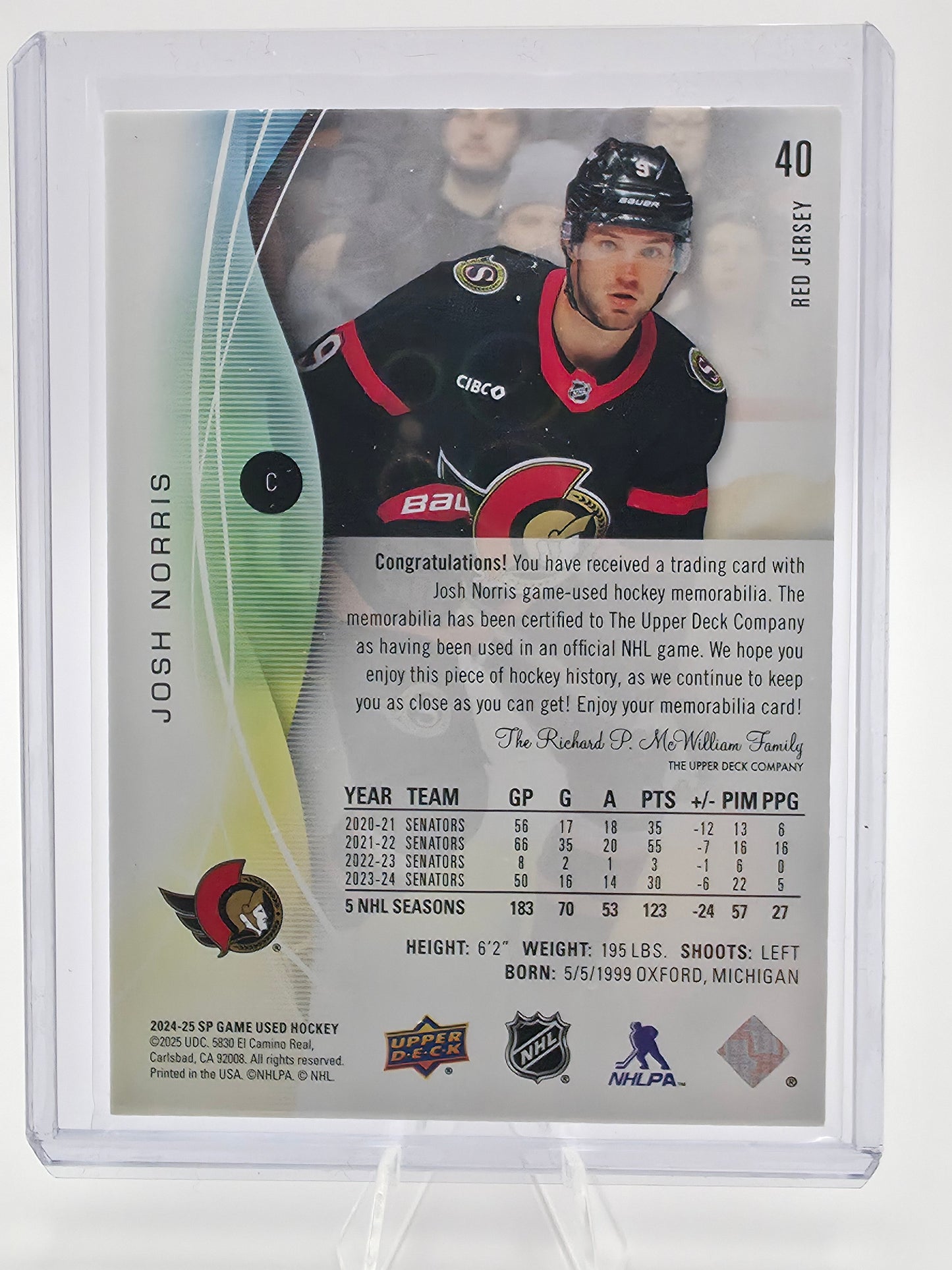 2024-25 Upper Deck SP Game Used Josh Norris Jersey Card #40