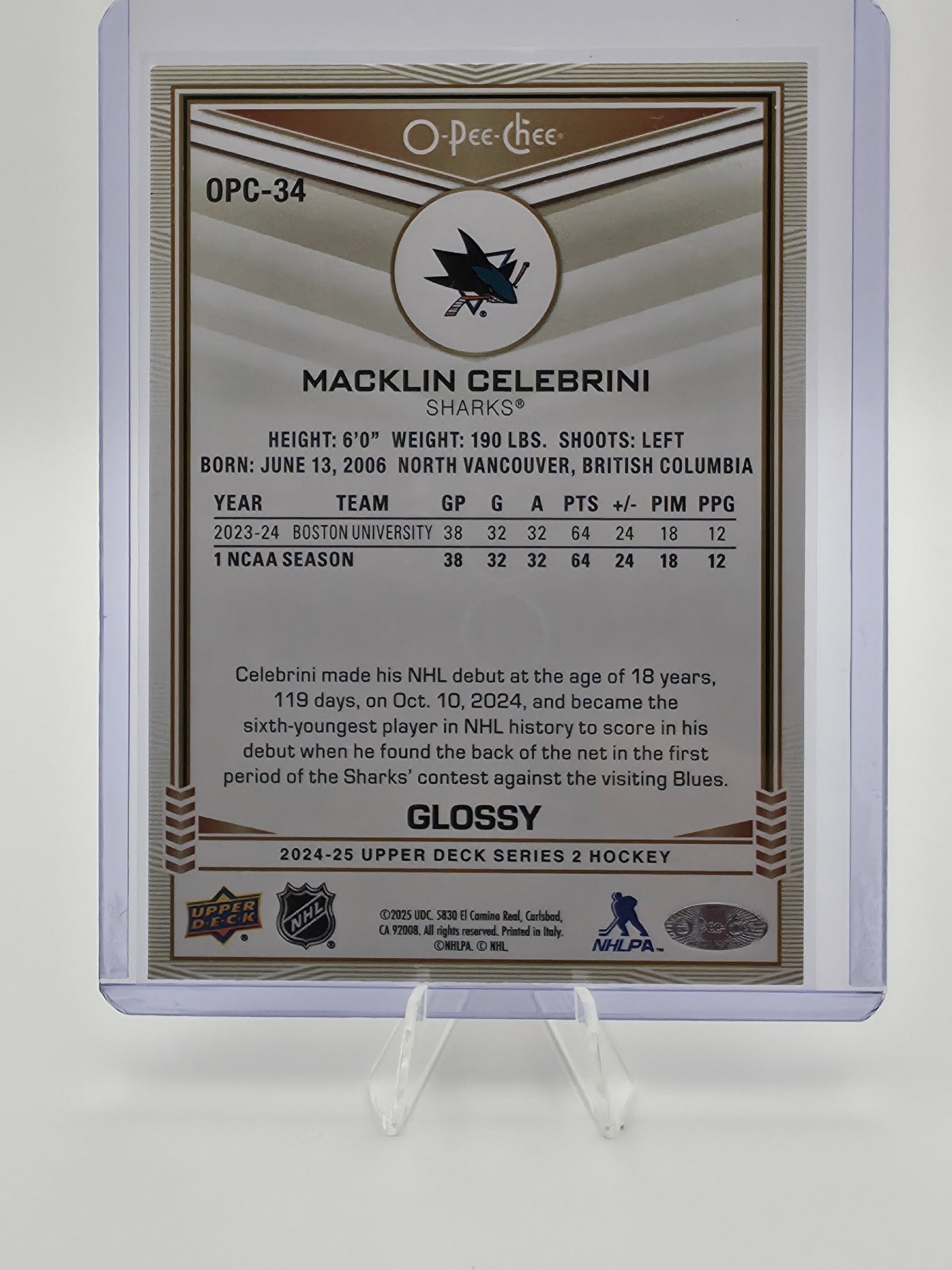 2024-25 Upper Deck Series 2 Macklin Celebrini O-Pee-Chee Glossy #OPC-34 (RC)