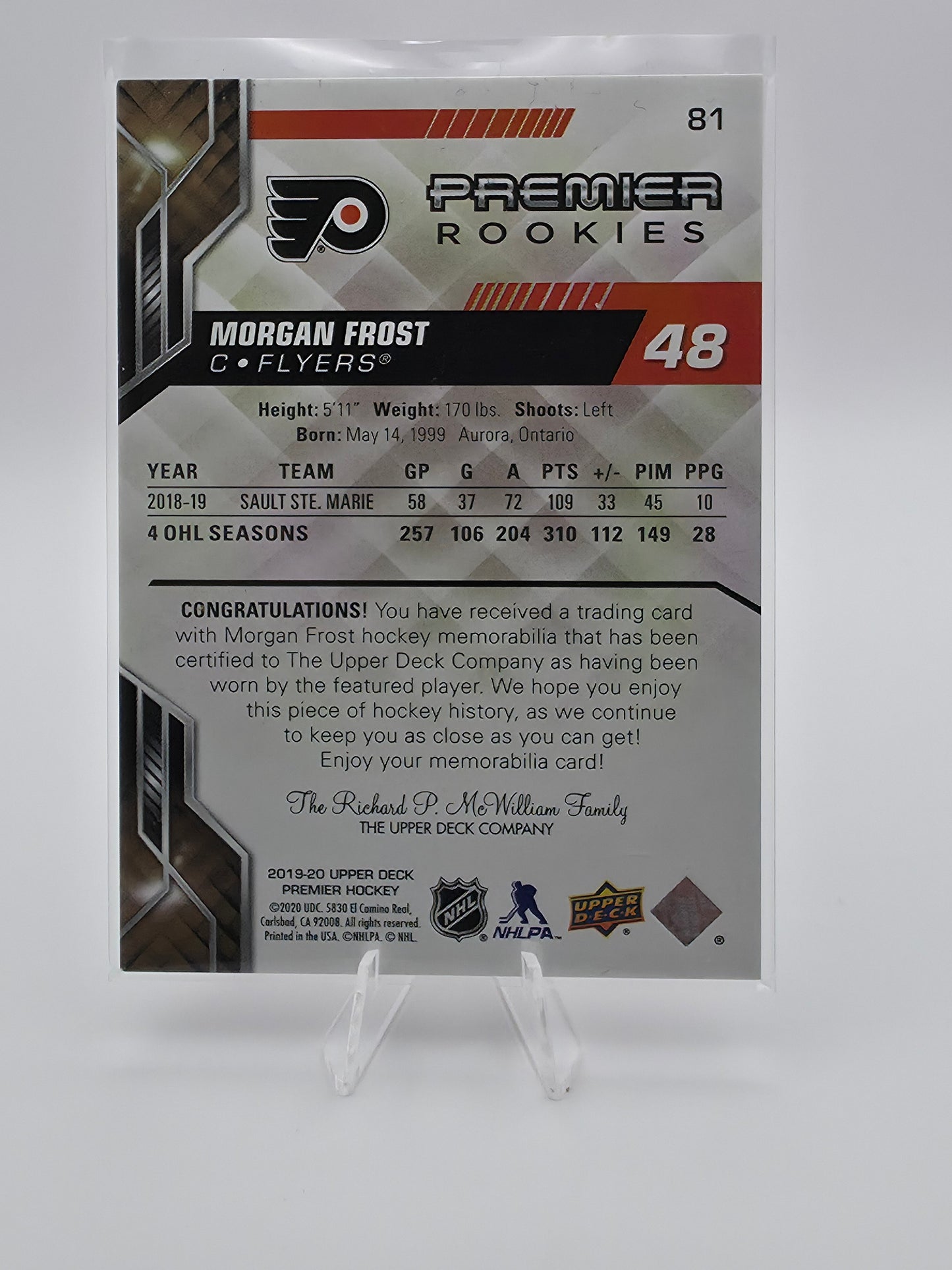 2019-20 Upper Deck Premier Rookies Morgan Frost Jersey #81