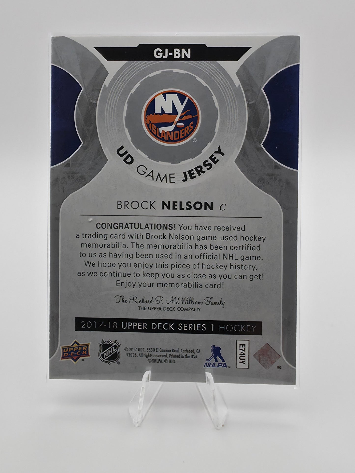 2017-18 Upper Deck Series 1 Brock Nelson UD Game Jersey card (#GJ-BN)