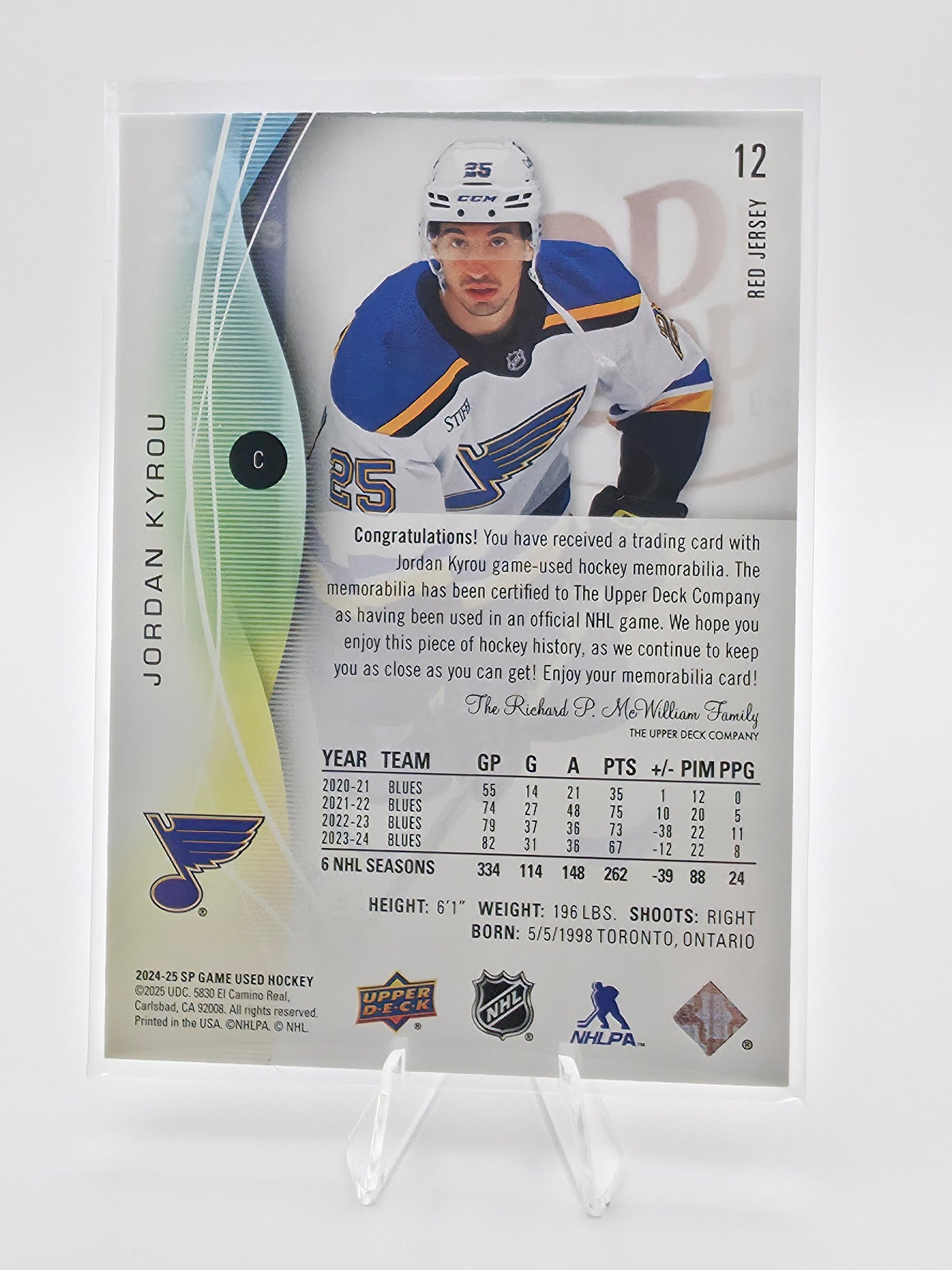 24-25 game used Jordan Kyrou jersey card